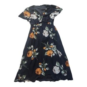Simplee Apparel Black Midi Dress with Mustard and Cream Floral Print